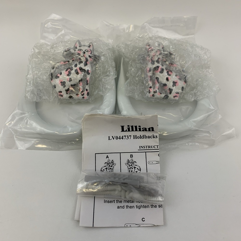 Lillian Vernon Ceramic Pink Black Leopard Cats Curtain Holdbacks Wall Mount Set - Picture 3 of 6